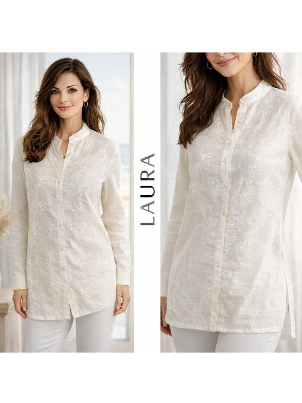 Laura White Linen Embroidered Button-Up shirt Tunic Long Sleeve Large Preppy